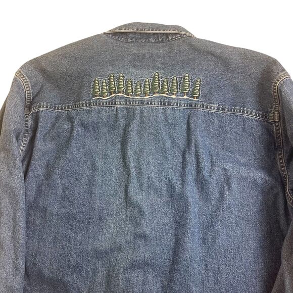 Woolrich Womens VTG Embroidered Denim Jean Shirt XL Medium Blue Trees Winter - Picture 16 of 16